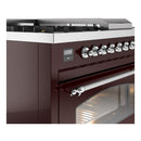 ILVE Nostalgie II 48-Inch  Propane Gas Dual Fuel Range  with 5 Burners, Griddle, & French Top with Triple Glass Door Oven in Burgundy with Chrome Trim (UP48FSNMPBUC)