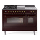 ILVE Nostalgie II 48-Inch Dual Fuel Freestanding Range with Removable Griddle in Burgundy with Brass Trim (UP48FSNMPBUG)