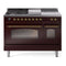 ILVE Nostalgie II 48-Inch Dual Fuel Freestanding Range with Removable Griddle in Burgundy with Brass Trim (UP48FSNMPBUG)