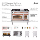 ILVE Nostalgie II 48-Inch Dual Fuel Freestanding Range with Removable Griddle in Burgundy with Brass Trim (UP48FSNMPBUG)