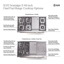 ILVE Nostalgie II 48-Inch Dual Fuel Freestanding Range with Removable Griddle in Burgundy with Brass Trim (UP48FSNMPBUG)