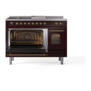 ILVE Nostalgie II 48-Inch Dual Fuel Freestanding Range with Removable Griddle in Burgundy with Brass Trim (UP48FSNMPBUG)