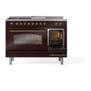 ILVE Nostalgie II 48-Inch Dual Fuel Freestanding Range with Removable Griddle in Burgundy with Brass Trim (UP48FSNMPBUG)