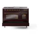 ILVE Nostalgie II 48-Inch Dual Fuel Freestanding Range with Removable Griddle in Burgundy with Brass Trim (UP48FSNMPBUG)