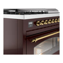 ILVE Nostalgie II 48-Inch Dual Fuel Freestanding Range with Removable Griddle in Burgundy with Brass Trim (UP48FSNMPBUG)