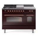 ILVE Nostalgie II 48 inch Propane Gas Range with 8 Sealed Burners, Griddle with Triple Glass Door in Burgundy with Copper Trim