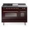 ILVE Nostalgie II 48 inch Propane Gas Range with 8 Sealed Burners, Griddle with Triple Glass Door in Burgundy with Copper Trim