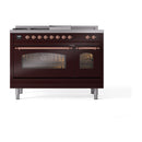 ILVE Nostalgie II 48 inch Propane Gas Range with 8 Sealed Burners, Griddle with Triple Glass Door in Burgundy with Copper Trim