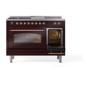 ILVE Nostalgie II 48 inch Propane Gas Range with 8 Sealed Burners, Griddle with Triple Glass Door in Burgundy with Copper Trim