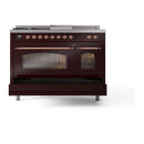 ILVE Nostalgie II 48 inch Propane Gas Range with 8 Sealed Burners, Griddle with Triple Glass Door in Burgundy with Copper Trim