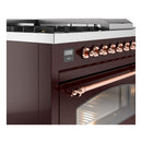 ILVE Nostalgie II 48 inch Propane Gas Range with 8 Sealed Burners, Griddle with Triple Glass Door in Burgundy with Copper Trim