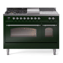 ILVE Nostalgie II 48 inch Propane Gas Range with 8 Sealed Burners, Griddle with Triple Glass Door in Emerald Green with Chrome Trim