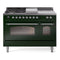 ILVE Nostalgie II 48 inch Propane Gas Range with 8 Sealed Burners, Griddle with Triple Glass Door in Emerald Green with Chrome Trim