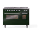 ILVE Nostalgie II 48 inch Propane Gas Range with 8 Sealed Burners, Griddle with Triple Glass Door in Emerald Green with Chrome Trim