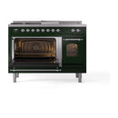 ILVE Nostalgie II 48 inch Propane Gas Range with 8 Sealed Burners, Griddle with Triple Glass Door in Emerald Green with Chrome Trim