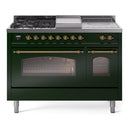 ILVE Nostalgie II 48-Inch  Propane Gas Dual Fuel Range  with 5 Burners, Griddle, & French Top with Triple Glass Door Oven in Emerald Green with Brass Trim (UP48FSNMPEGG)