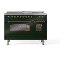 ILVE Nostalgie II 48-Inch  Propane Gas Dual Fuel Range  with 5 Burners, Griddle, & French Top with Triple Glass Door Oven in Emerald Green with Brass Trim (UP48FSNMPEGG)