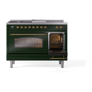 ILVE Nostalgie II 48-Inch  Propane Gas Dual Fuel Range  with 5 Burners, Griddle, & French Top with Triple Glass Door Oven in Emerald Green with Brass Trim (UP48FSNMPEGG)
