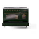 ILVE Nostalgie II 48-Inch  Propane Gas Dual Fuel Range  with 5 Burners, Griddle, & French Top with Triple Glass Door Oven in Emerald Green with Brass Trim (UP48FSNMPEGG)