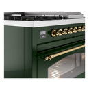 ILVE Nostalgie II 48-Inch  Propane Gas Dual Fuel Range  with 5 Burners, Griddle, & French Top with Triple Glass Door Oven in Emerald Green with Brass Trim (UP48FSNMPEGG)