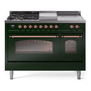 ILVE Nostalgie II 48-Inch  Propane Gas Dual Fuel Range  with 5 Burners, Griddle, & French Top with Triple Glass Door Oven in Emerald Green with Copper Trim (UP48FSNMPEGP)