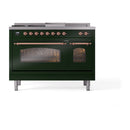 ILVE Nostalgie II 48-Inch  Propane Gas Dual Fuel Range  with 5 Burners, Griddle, & French Top with Triple Glass Door Oven in Emerald Green with Copper Trim (UP48FSNMPEGP)