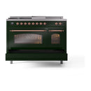 ILVE Nostalgie II 48-Inch  Propane Gas Dual Fuel Range  with 5 Burners, Griddle, & French Top with Triple Glass Door Oven in Emerald Green with Copper Trim (UP48FSNMPEGP)