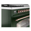 ILVE Nostalgie II 48-Inch  Propane Gas Dual Fuel Range  with 5 Burners, Griddle, & French Top with Triple Glass Door Oven in Emerald Green with Copper Trim (UP48FSNMPEGP)