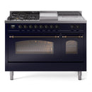 ILVE Nostalgie II 48-Inch  Propane Gas Dual Fuel Range  with 5 Burners, Griddle, & French Top with Triple Glass Door Oven in Midnight Blue with Bronze Trim (UP48FSNMPMBB)