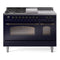 ILVE Nostalgie II 48-Inch  Propane Gas Dual Fuel Range  with 5 Burners, Griddle, & French Top with Triple Glass Door Oven in Midnight Blue with Bronze Trim (UP48FSNMPMBB)