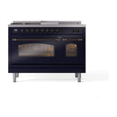 ILVE Nostalgie II 48-Inch  Propane Gas Dual Fuel Range  with 5 Burners, Griddle, & French Top with Triple Glass Door Oven in Midnight Blue with Bronze Trim (UP48FSNMPMBB)