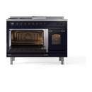 ILVE Nostalgie II 48-Inch  Propane Gas Dual Fuel Range  with 5 Burners, Griddle, & French Top with Triple Glass Door Oven in Midnight Blue with Bronze Trim (UP48FSNMPMBB)