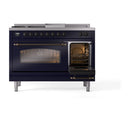 ILVE Nostalgie II 48-Inch  Propane Gas Dual Fuel Range  with 5 Burners, Griddle, & French Top with Triple Glass Door Oven in Midnight Blue with Bronze Trim (UP48FSNMPMBB)