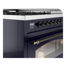 ILVE Nostalgie II 48-Inch  Propane Gas Dual Fuel Range  with 5 Burners, Griddle, & French Top with Triple Glass Door Oven in Midnight Blue with Bronze Trim (UP48FSNMPMBB)