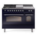 ILVE Nostalgie II 48 inch Propane Gas Range with 8 Sealed Burners, Griddle with Triple Glass Door in Midnight Blue with Chrome Trim