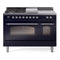 ILVE Nostalgie II 48 inch Propane Gas Range with 8 Sealed Burners, Griddle with Triple Glass Door in Midnight Blue with Chrome Trim