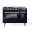 ILVE Nostalgie II 48 inch Propane Gas Range with 8 Sealed Burners, Griddle with Triple Glass Door in Midnight Blue with Chrome Trim