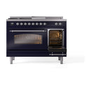 ILVE Nostalgie II 48 inch Propane Gas Range with 8 Sealed Burners, Griddle with Triple Glass Door in Midnight Blue with Chrome Trim