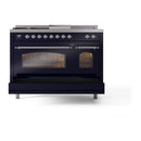 ILVE Nostalgie II 48 inch Propane Gas Range with 8 Sealed Burners, Griddle with Triple Glass Door in Midnight Blue with Chrome Trim