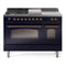 ILVE Nostalgie II 48 inch Propane Gas Range with 8 Sealed Burners, Griddle with Triple Glass Door in Midnight Blue with Brass Trim