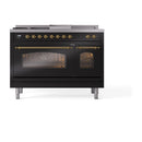 ILVE Nostalgie II 48 inch Propane Gas Range with 8 Sealed Burners, Griddle with Triple Glass Door in Midnight Blue with Brass Trim