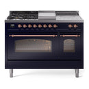 ILVE Nostalgie II 48-Inch  Propane Gas Dual Fuel Range  with 5 Burners, Griddle, & French Top with Triple Glass Door Oven in Midnight Blue with Copper Trim (UP48FSNMPMBP)