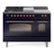 ILVE Nostalgie II 48-Inch Dual Fuel Range with 5 Burners, Griddle, & French Top with Triple Glass Door Oven in Midnight Blue with Copper Trim (UP48FSNMPMBP)