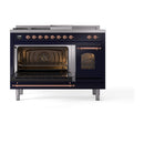 ILVE Nostalgie II 48-Inch  Propane Gas Dual Fuel Range  with 5 Burners, Griddle, & French Top with Triple Glass Door Oven in Midnight Blue with Copper Trim (UP48FSNMPMBP)