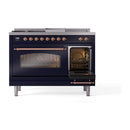 ILVE Nostalgie II 48-Inch  Propane Gas Dual Fuel Range  with 5 Burners, Griddle, & French Top with Triple Glass Door Oven in Midnight Blue with Copper Trim (UP48FSNMPMBP)