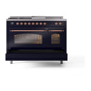 ILVE Nostalgie II 48-Inch  Propane Gas Dual Fuel Range  with 5 Burners, Griddle, & French Top with Triple Glass Door Oven in Midnight Blue with Copper Trim (UP48FSNMPMBP)