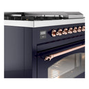 ILVE Nostalgie II 48-Inch  Propane Gas Dual Fuel Range  with 5 Burners, Griddle, & French Top with Triple Glass Door Oven in Midnight Blue with Copper Trim (UP48FSNMPMBP)