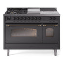 ILVE Nostalgie II 48 inch Propane Gas Range with 8 Sealed Burners, Griddle with Triple Glass Door in Graphite Matte with Burnished Trim