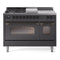 ILVE Nostalgie II 48 inch Propane Gas Range with 8 Sealed Burners, Griddle with Triple Glass Door in Graphite Matte with Burnished Trim