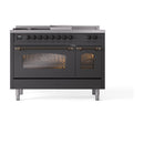 ILVE Nostalgie II 48 inch Propane Gas Range with 8 Sealed Burners, Griddle with Triple Glass Door in Graphite Matte with Burnished Trim